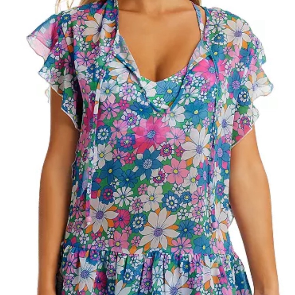 Jessica Simpson crazy daisy tiered flutter sleeve tie neck mini dress Size M